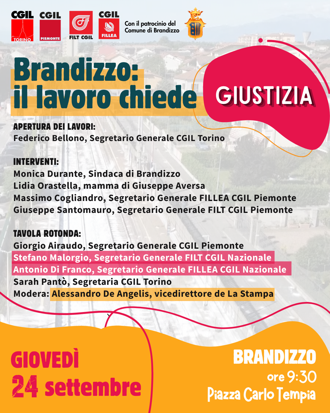 Brandizzo, il lavoro chiede giustizia: appuntamento al 24 settembre in piazza Carlo Tempia