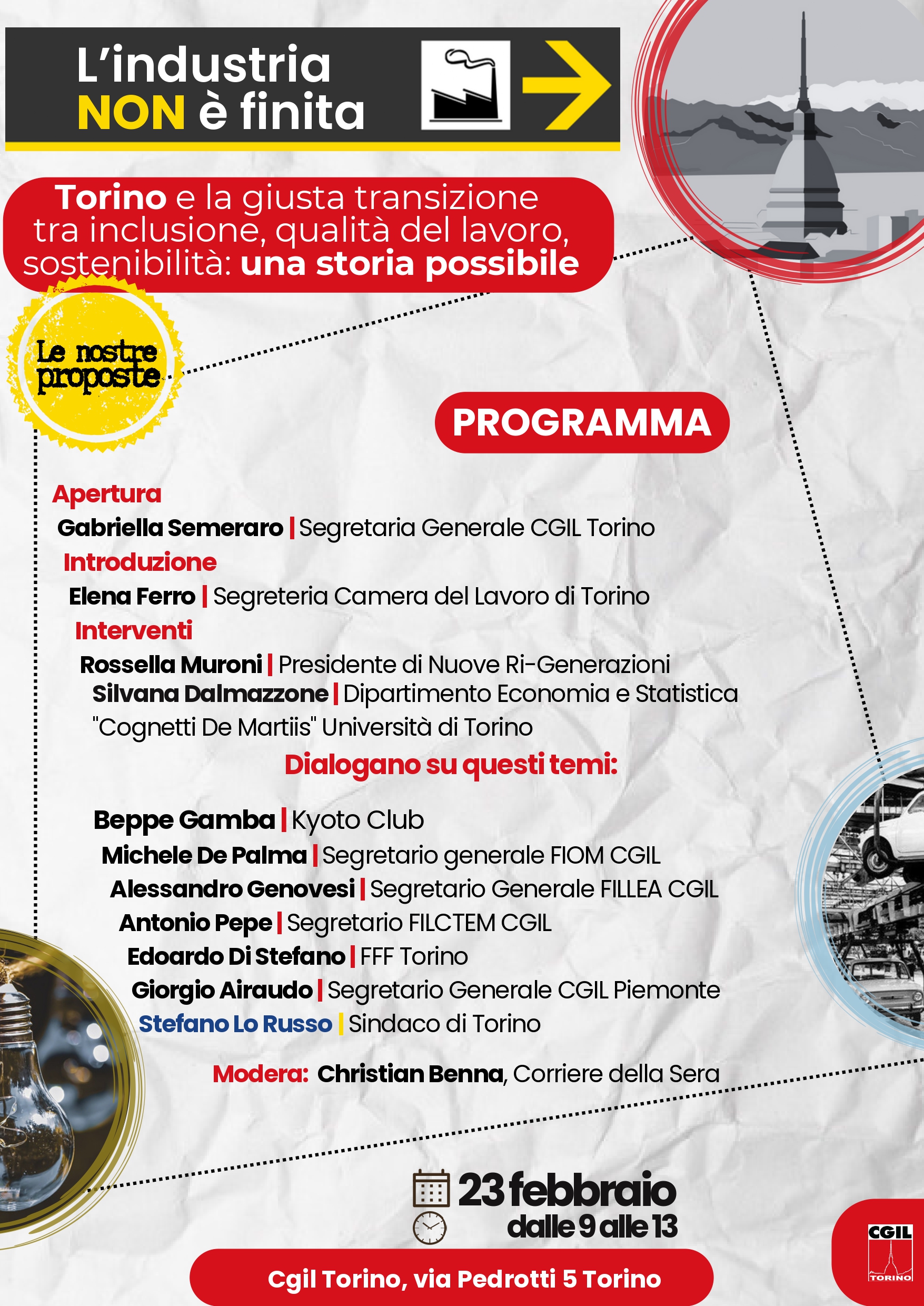 "L'industria non è finita": il 23/02 un confronto a Torino sulla giusta transizione insieme a enti, associazioni e sindaco Lo Russo