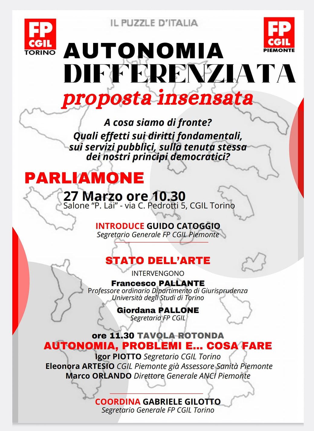 Autonomia differenziata: a cosa siamo di fronte? - Confronto e dibattito a cura di FP Torino e FP Piemonte in Salone Pia Lai, 27/03