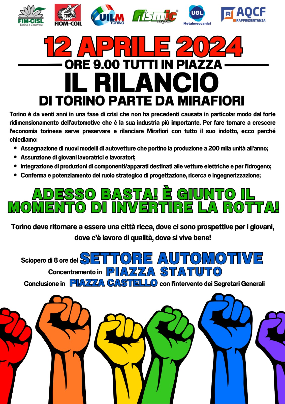 12/04, sciopero dei metalmeccanici con corteo da Piazza Statuto: il rilancio industriale di Torino parta da Mirafiori!