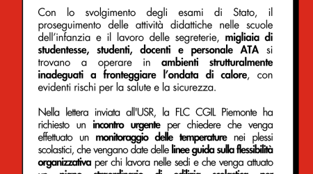 Emergenza caldo nelle scuole piemontesi: la FLC CGIL Piemonte chiede garanzie all'Ufficio Scolastico Regionale