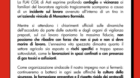 Tolleranza zero sulla sicurezza sul lavoro: la FLAI CGIL di Asti esprime cordoglio e vicinanza ai familiari del lavoratore di Monastero Bormida