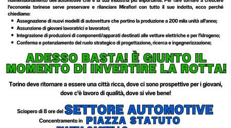12/04, sciopero dei metalmeccanici con corteo da Piazza Statuto: il rilancio industriale di Torino parta da Mirafiori!